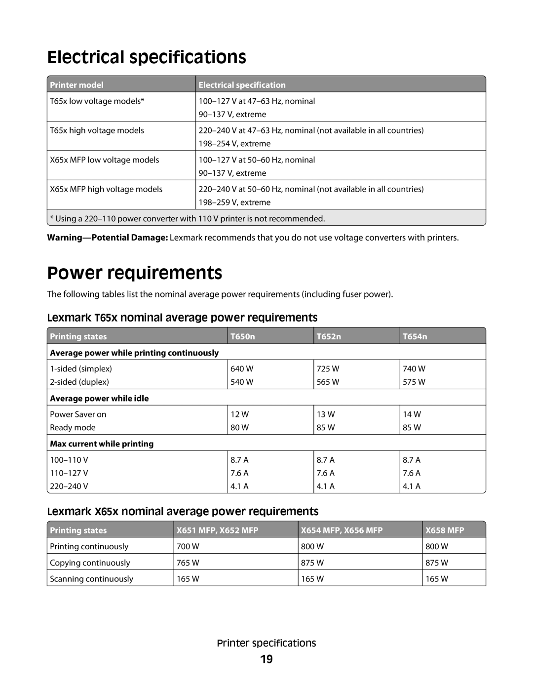 Lexmark X656 MFP, X652 MFP, X654 MFP, X651 MFP, X658 MFP manual Electrical specifications, Power requirements 