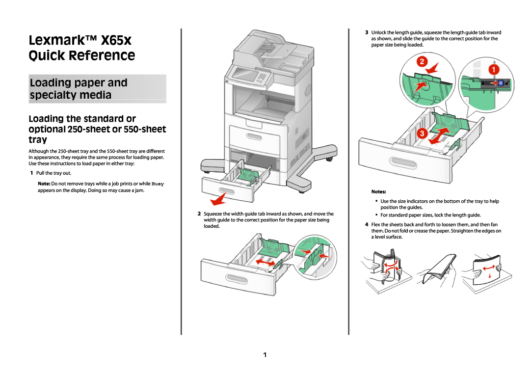 Lexmark X656dte manual Loading paper and specialty media, Loading the standard or optional 250-sheet or 550-sheet tray 