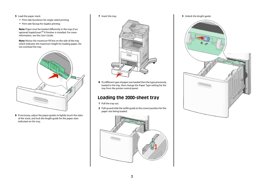 Lexmark X654de, X658dtfe, X656dte, 16M1960, 16M1847, 16M1842, 16M1851, 16M0409 manual Loading the 2000-sheet tray 