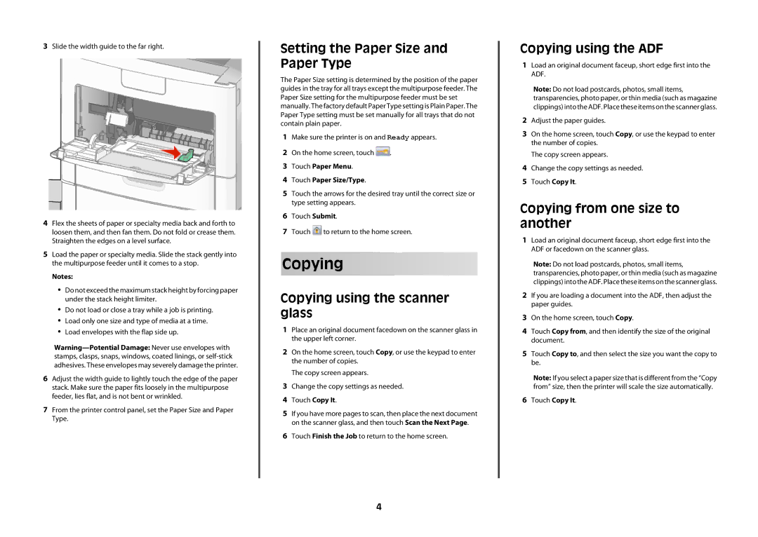 Lexmark 16M1847, X656dte Setting the Paper Size and Paper Type, Copying using the scanner glass, Copying using the ADF 