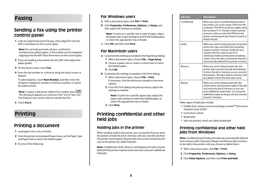 Lexmark 16M1851, X658dtfe, X656dte, X654de Faxing, Sending a fax using the printer control panel, Printing a document 