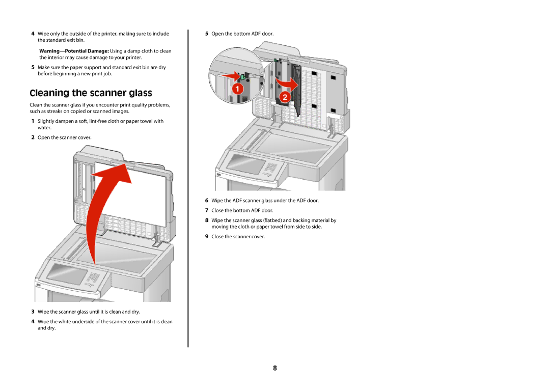 Lexmark X658dtfe, X656dte, X654de, 16M1960, 16M1847, 16M1842, 16M1851, 16M0409 manual Cleaning the scanner glass 