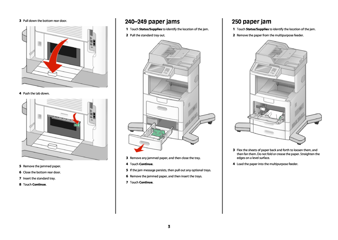 Lexmark X65x manual 240-249paper jams, 8Touch Continue, 4Touch Continue, 7Touch Continue 