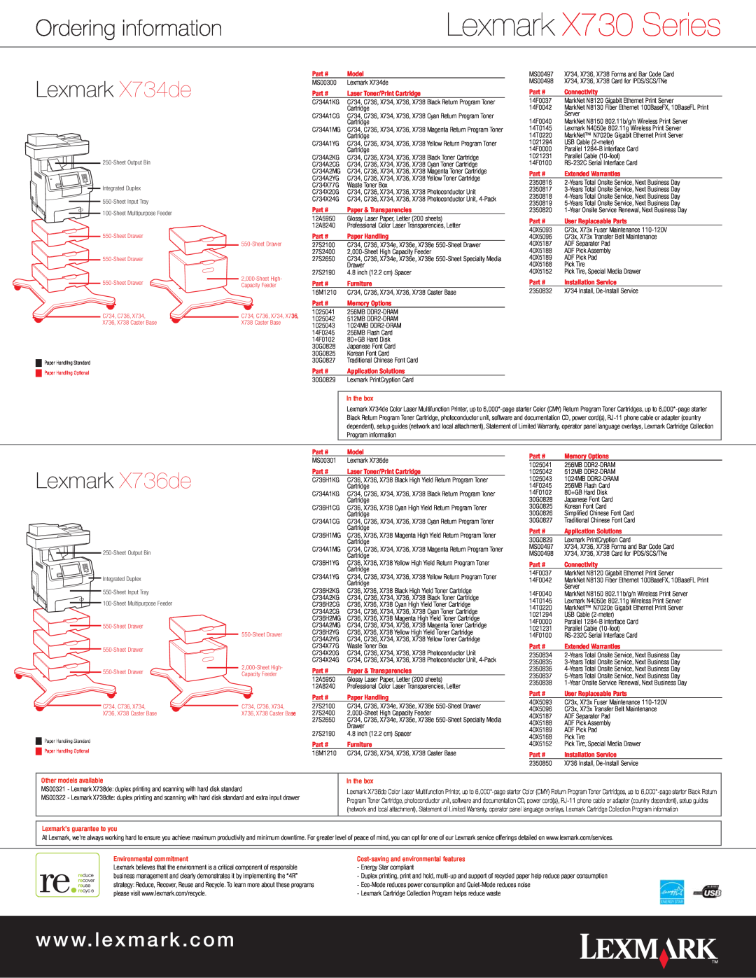 Lexmark manual Ordering information, Lexmark X734de, Lexmark X736de, Lexmark X730 Series, w w w. l e x m a r k . c o m 