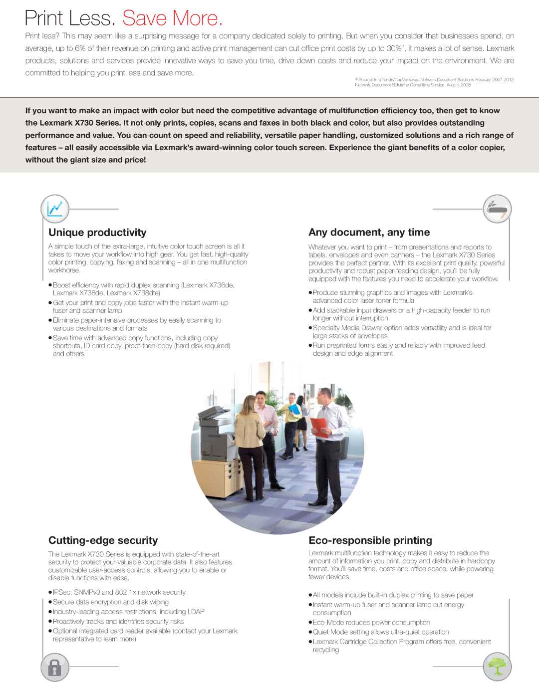 Lexmark X730 manual Print Less. Save More 