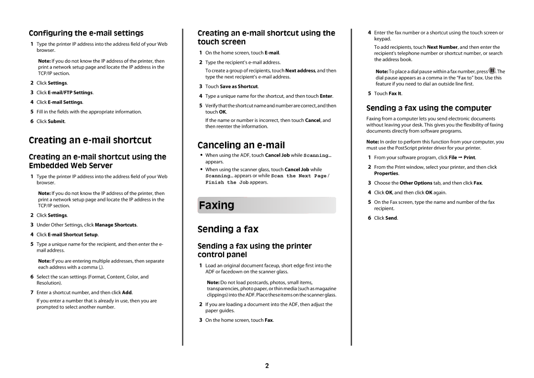 Lexmark X734DE, X738DE, X736DE, X738DTE manual Faxing, Creating an e-mail shortcut, Canceling an e-mail, Sending a fax 