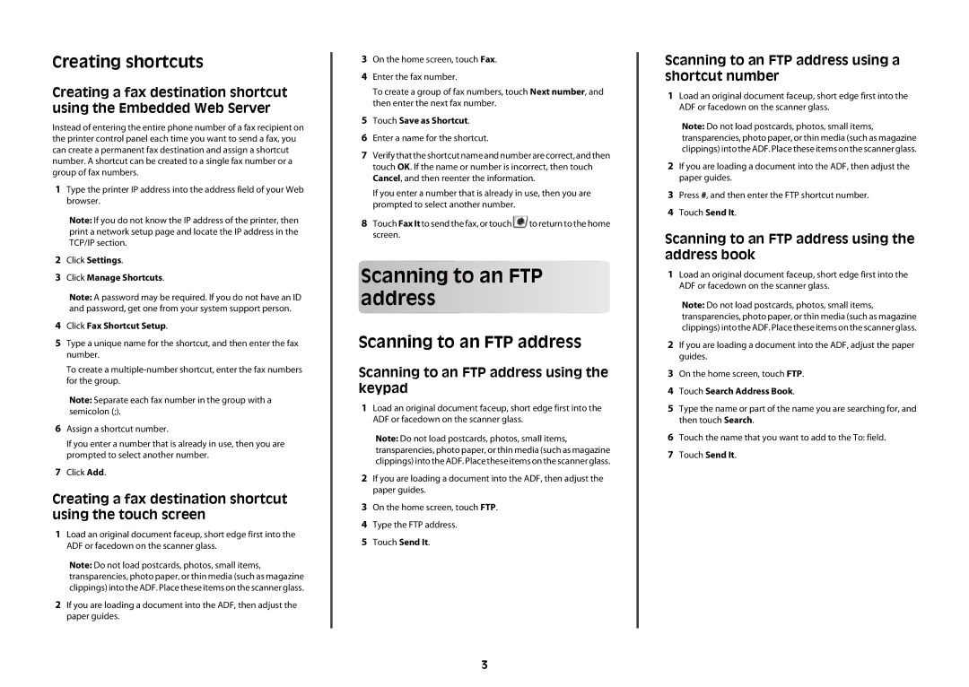 Lexmark X738DTE, X738DE, X736DE, X734DE manual Scanning to an FTP address, Creating shortcuts 