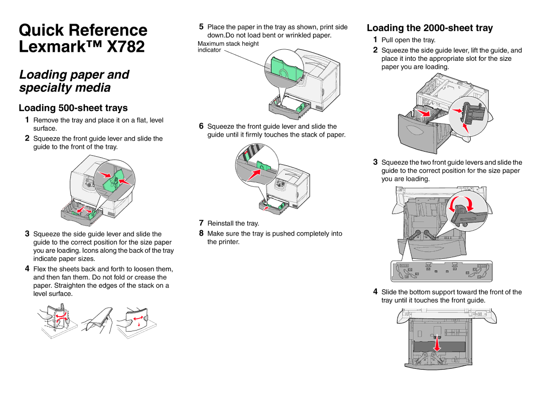 Lexmark X782 manual Loading paper and specialty media, Loading 500-sheet trays, Loading the 2000-sheet tray 