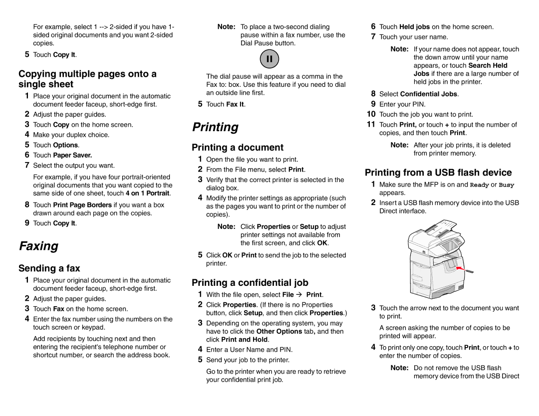 Lexmark X782 manual Faxing, Printing 