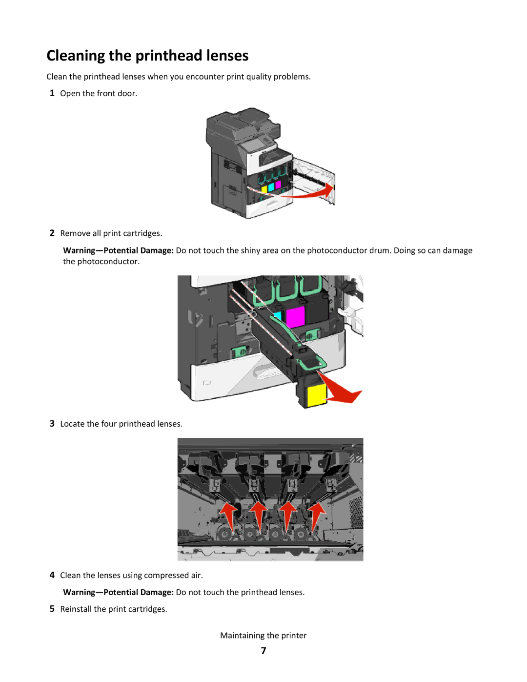 Lexmark X790 manual Cleaning the printhead lenses 