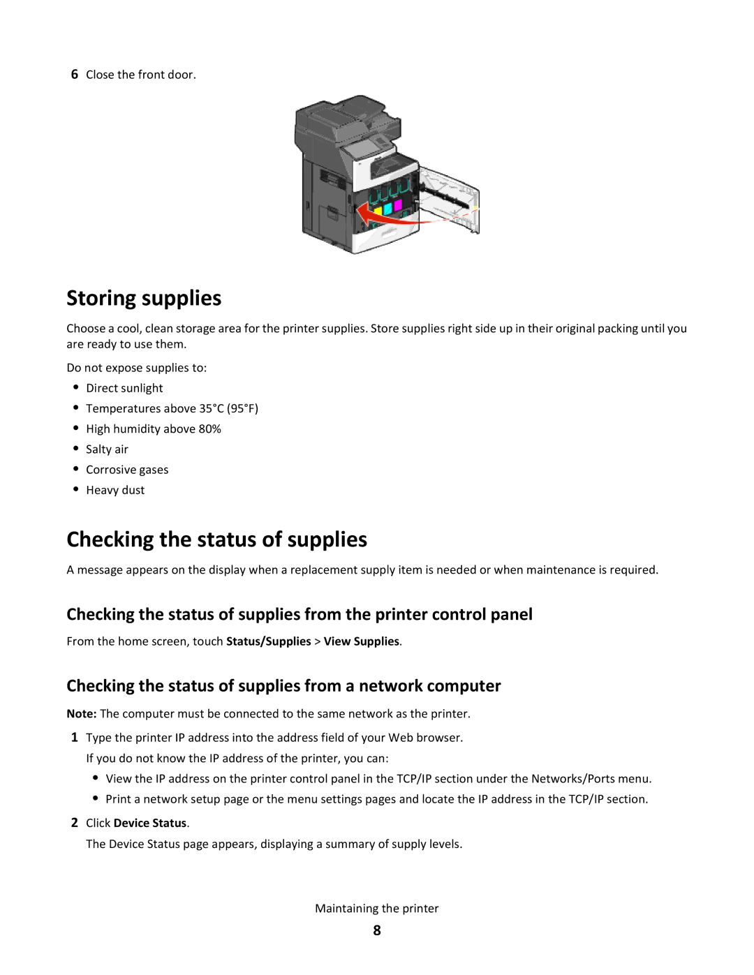 Lexmark X790 manual Storing supplies, Checking the status of supplies from a network computer 