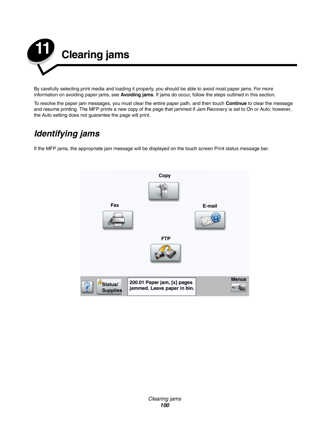 Lexmark X850e, X854e, X852e manual Clearing jams, Identifying jams, Copy Fax Mail 