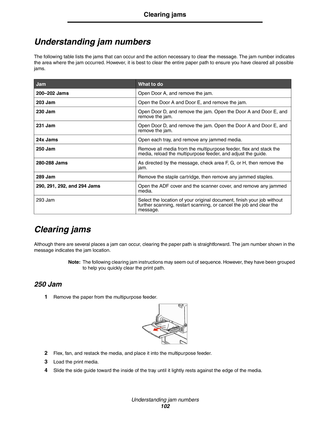 Lexmark X854e, X850e, X852e manual Understanding jam numbers, Clearing jams, 250 Jam, Jam What to do 