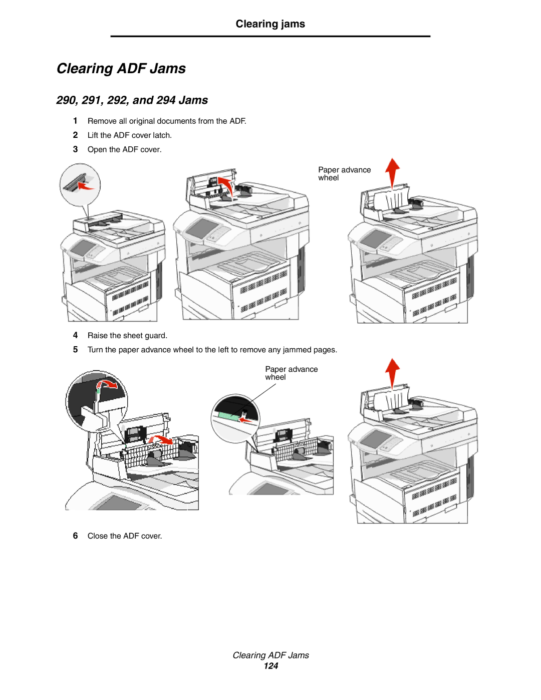 Lexmark X850e, X854e, X852e manual Clearing ADF Jams, 290, 291, 292, and 294 Jams 