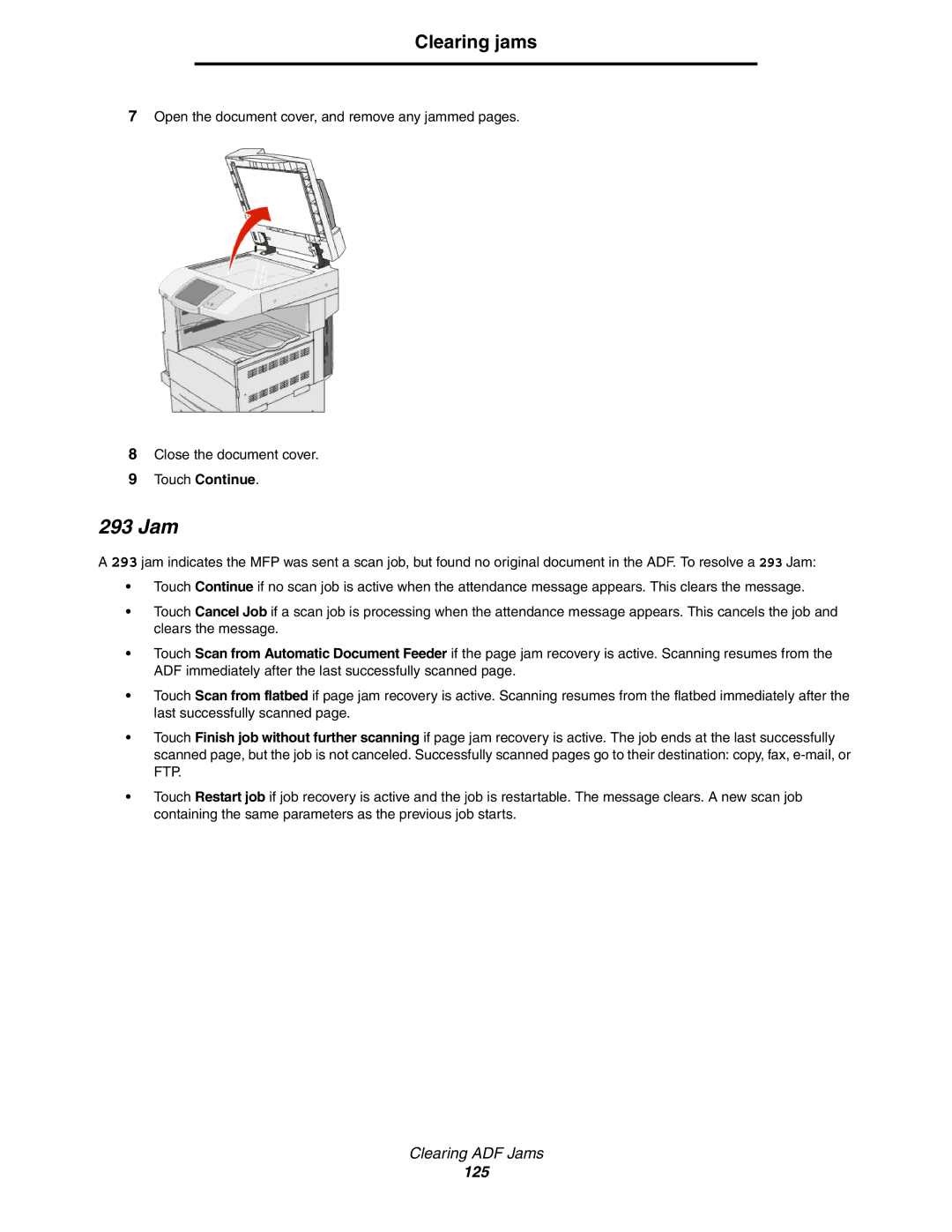 Lexmark X852e, X854e, X850e manual 293 Jam, Touch Continue 