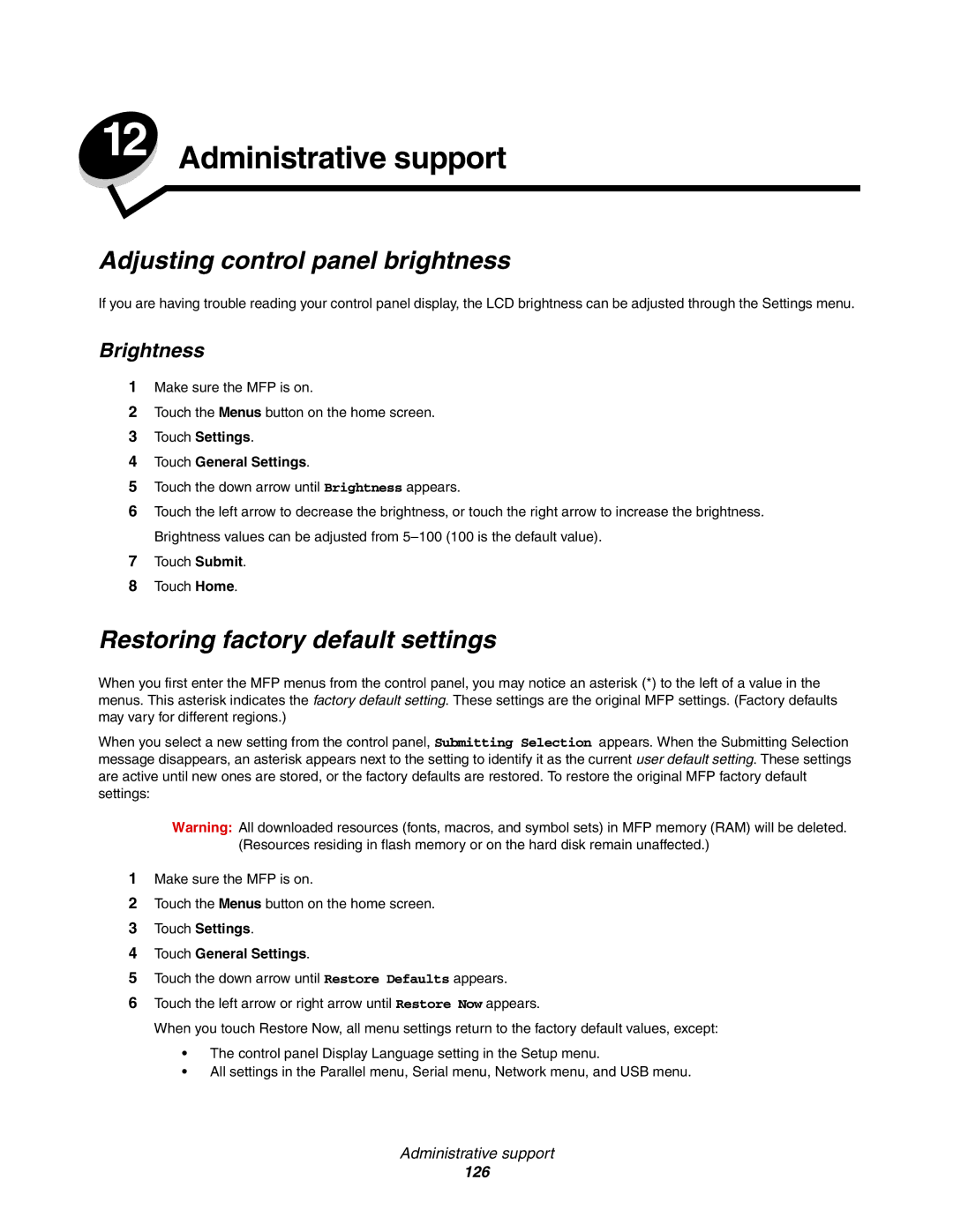 Lexmark X854e Administrative support, Adjusting control panel brightness, Restoring factory default settings, Brightness 