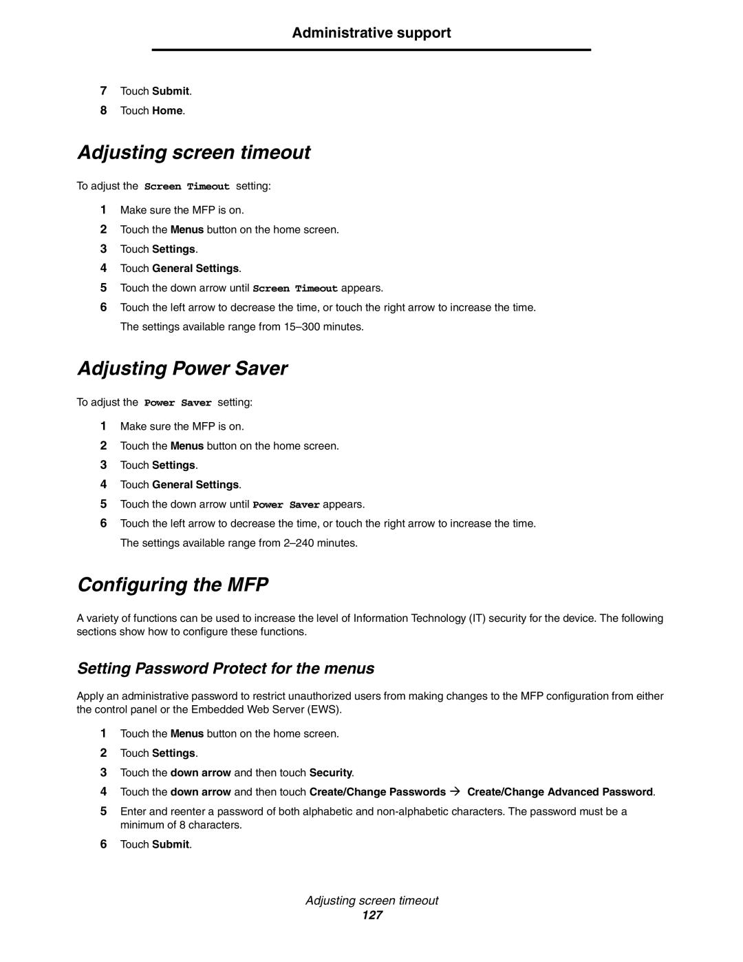 Lexmark X850e Adjusting screen timeout, Adjusting Power Saver, Configuring the MFP, Setting Password Protect for the menus 