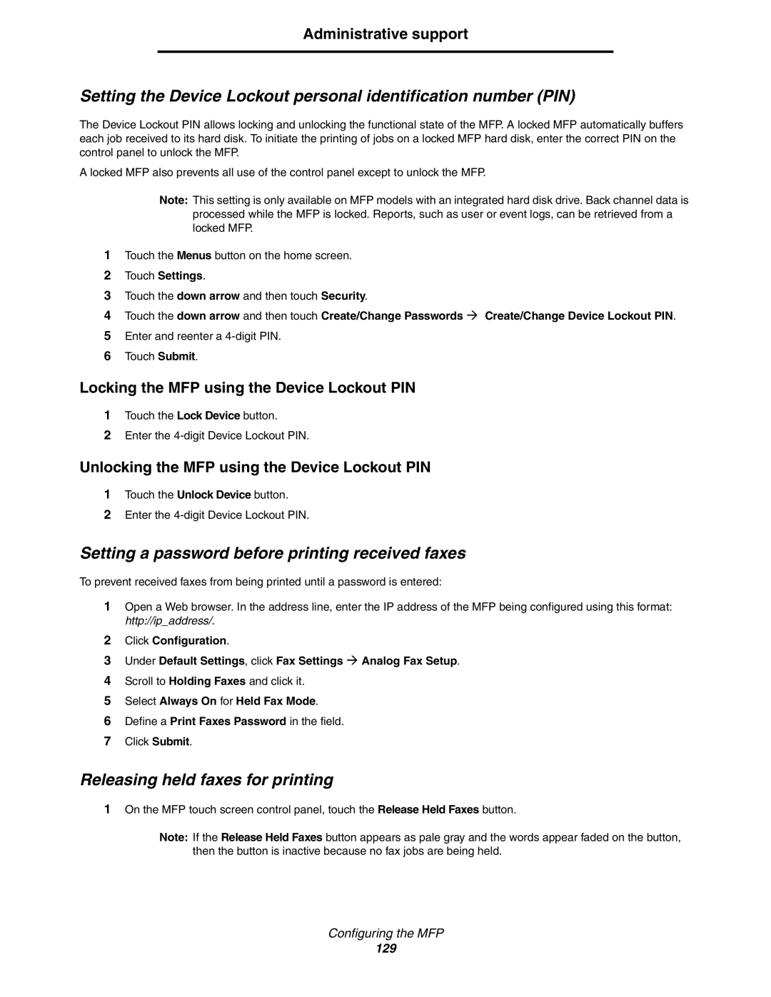 Lexmark X854e, X850e, X852e manual Setting a password before printing received faxes, Releasing held faxes for printing 