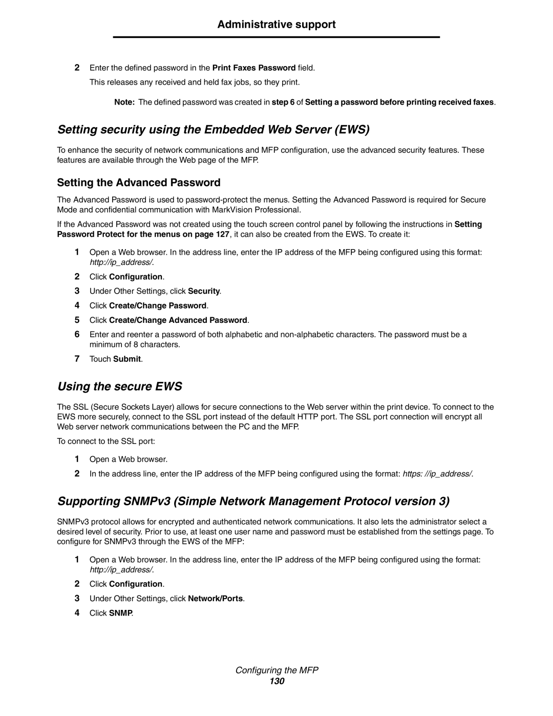 Lexmark X850e Setting security using the Embedded Web Server EWS, Using the secure EWS, Setting the Advanced Password 