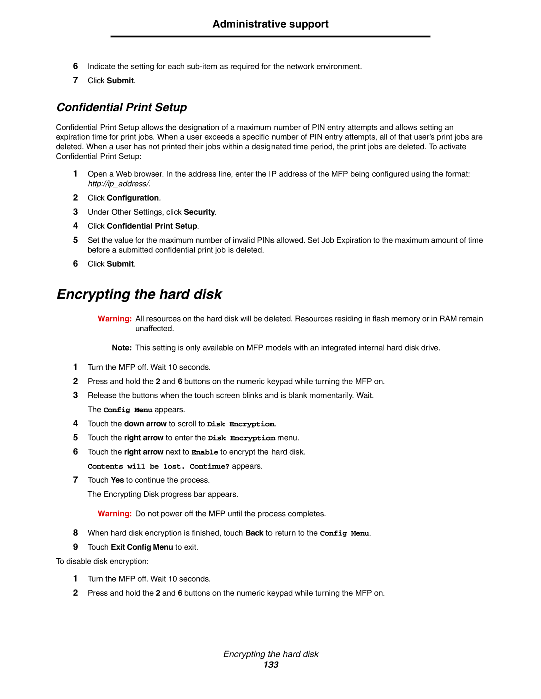 Lexmark X850e, X854e, X852e Encrypting the hard disk, Click Confidential Print Setup, Touch Exit Config Menu to exit 