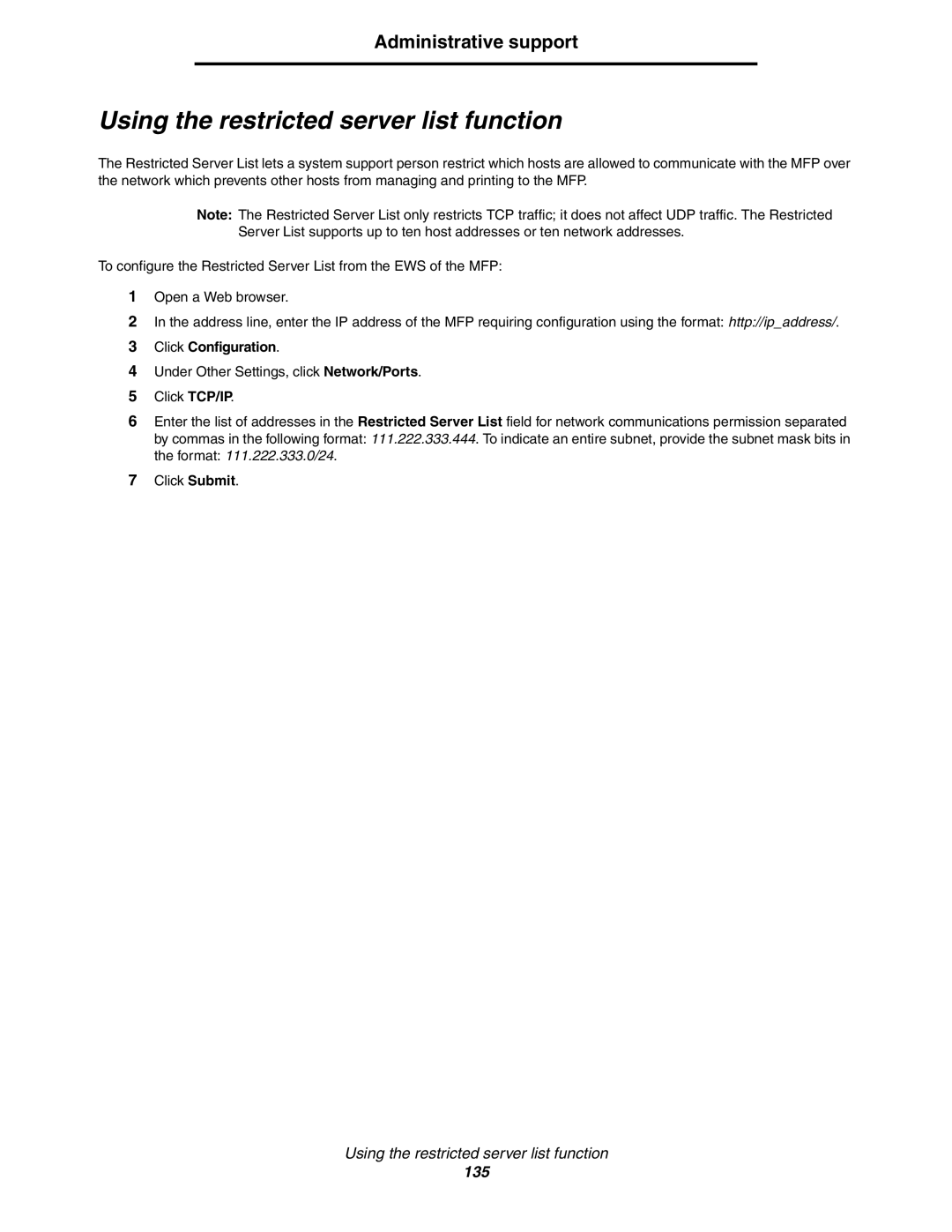 Lexmark X854e, X850e, X852e manual Using the restricted server list function 