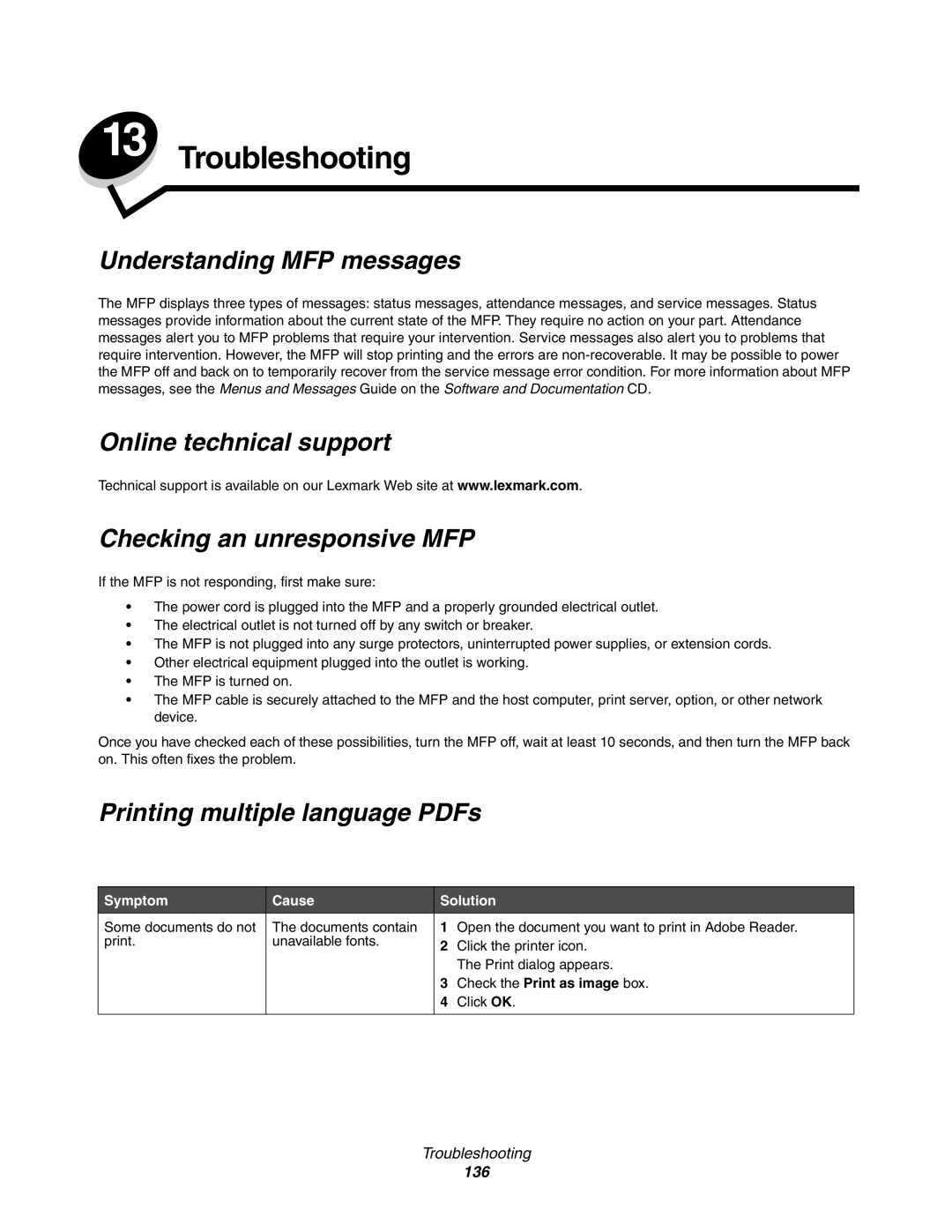 Lexmark X850e, X854e Troubleshooting, Understanding MFP messages, Online technical support Checking an unresponsive MFP 