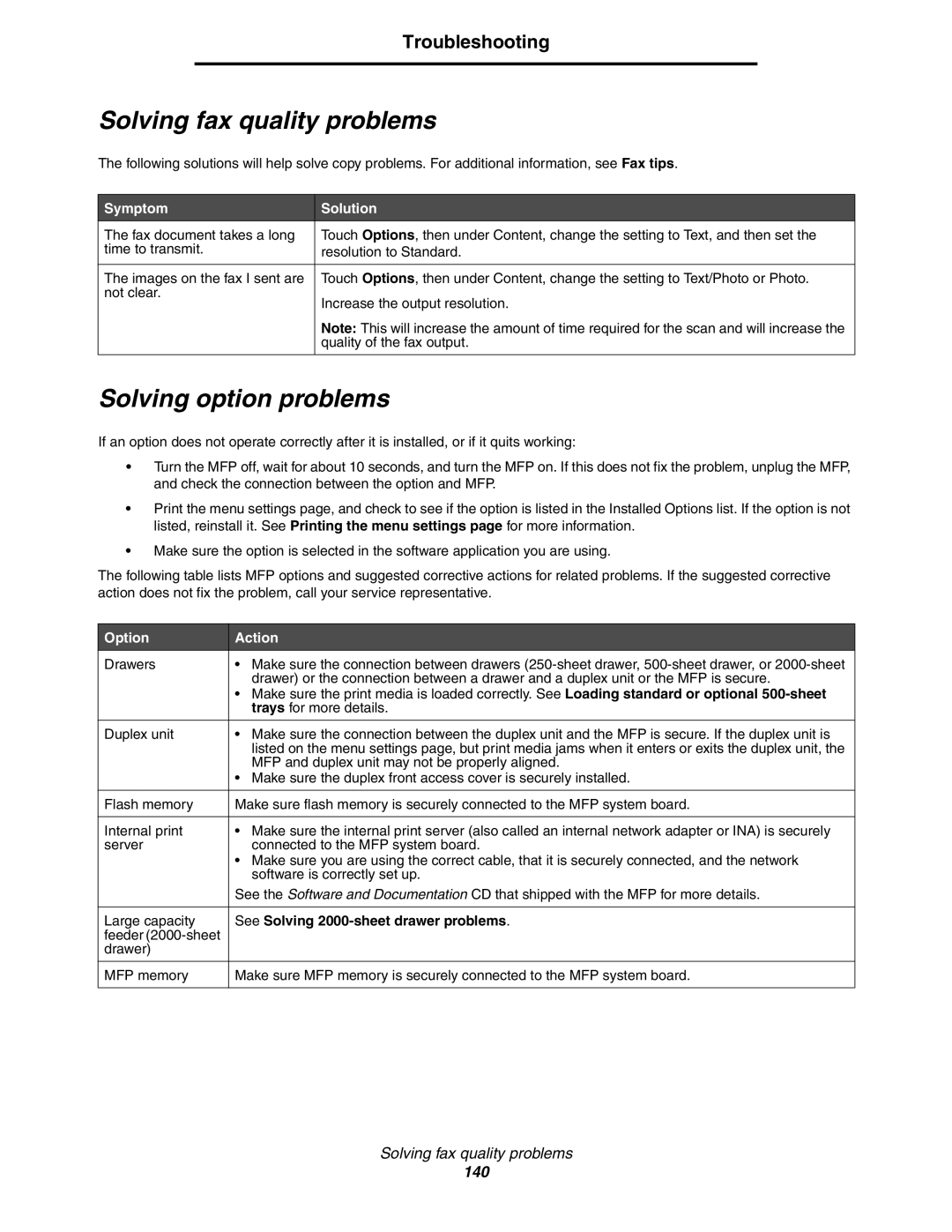 Lexmark X852e Solving fax quality problems, Solving option problems, Option Action, See Solving 2000-sheet drawer problems 