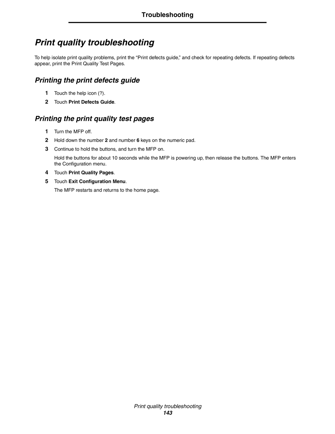 Lexmark X852e manual Print quality troubleshooting, Printing the print defects guide, Printing the print quality test pages 