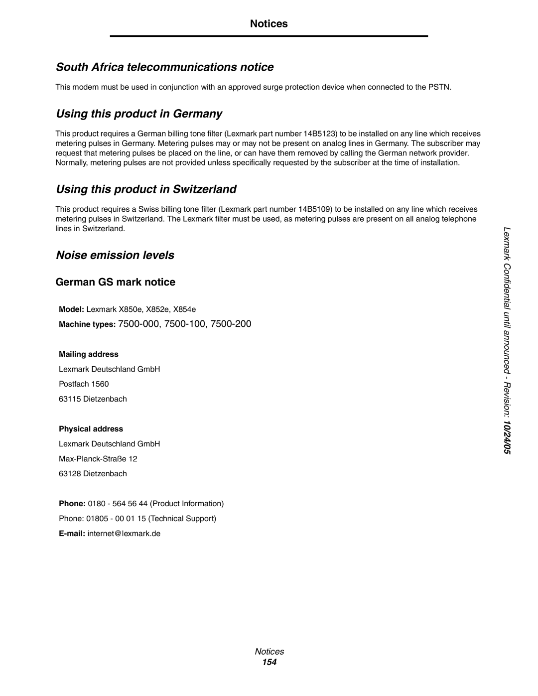 Lexmark X850e South Africa telecommunications notice, Using this product in Germany, Using this product in Switzerland 