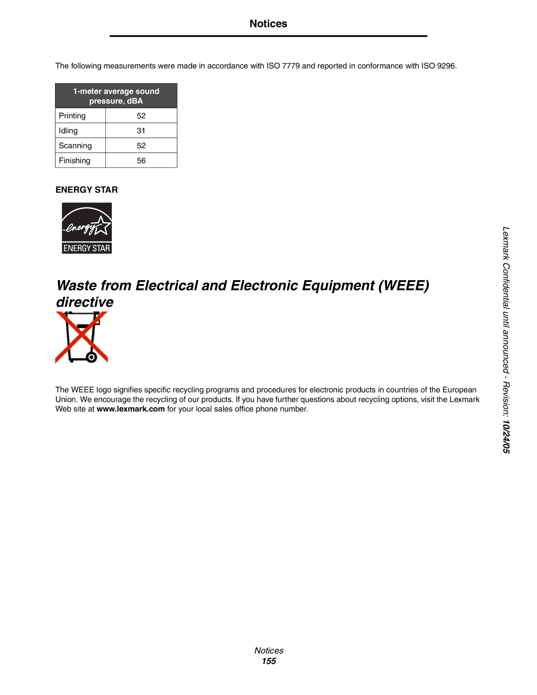 Lexmark X852e, X854e, X850e manual Meter average sound Pressure, dBA 