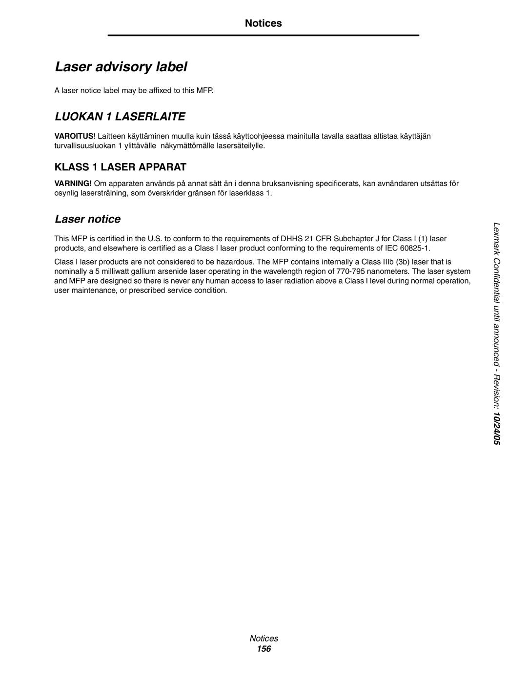 Lexmark X854e, X850e, X852e manual Laser advisory label, Laser notice 