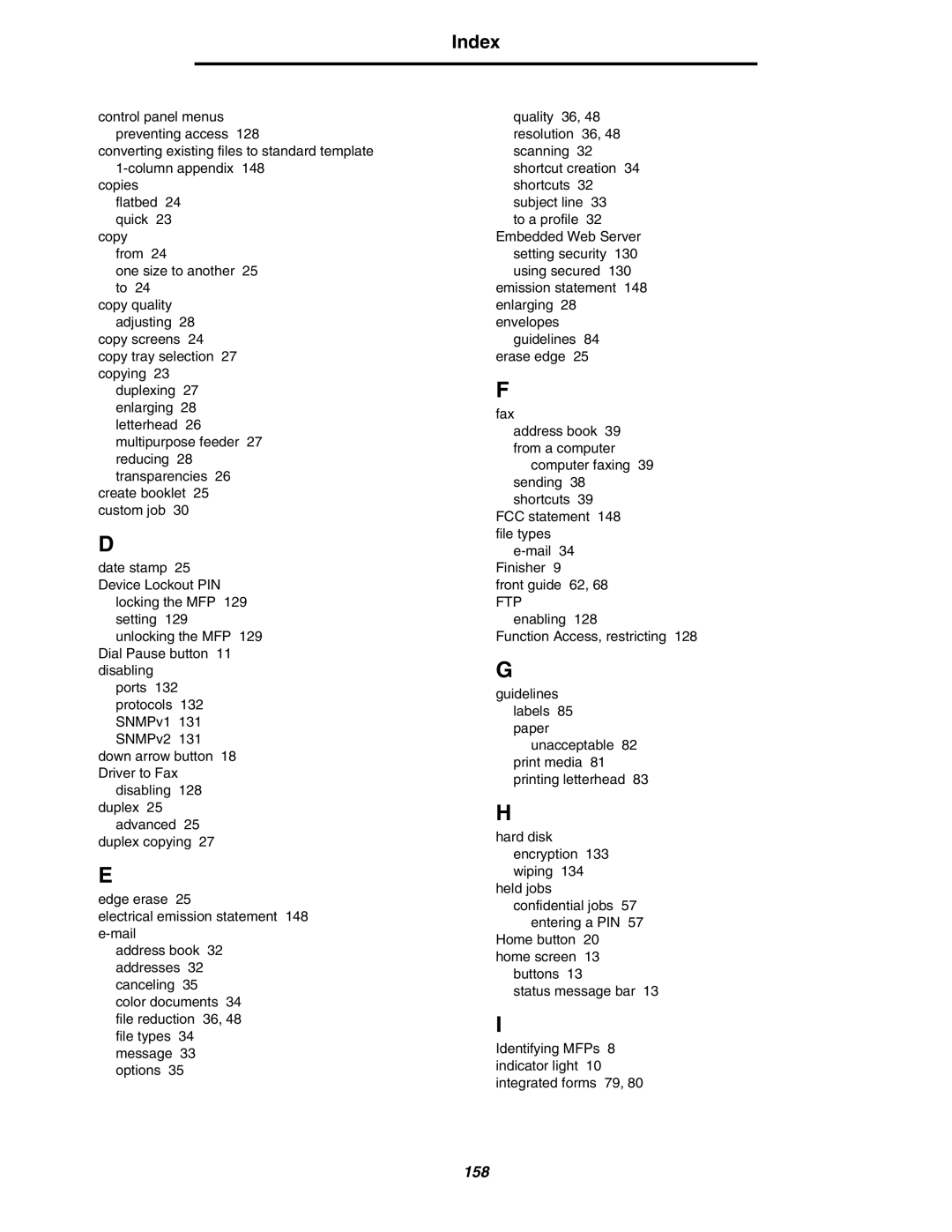 Lexmark X852e, X854e, X850e manual Index 