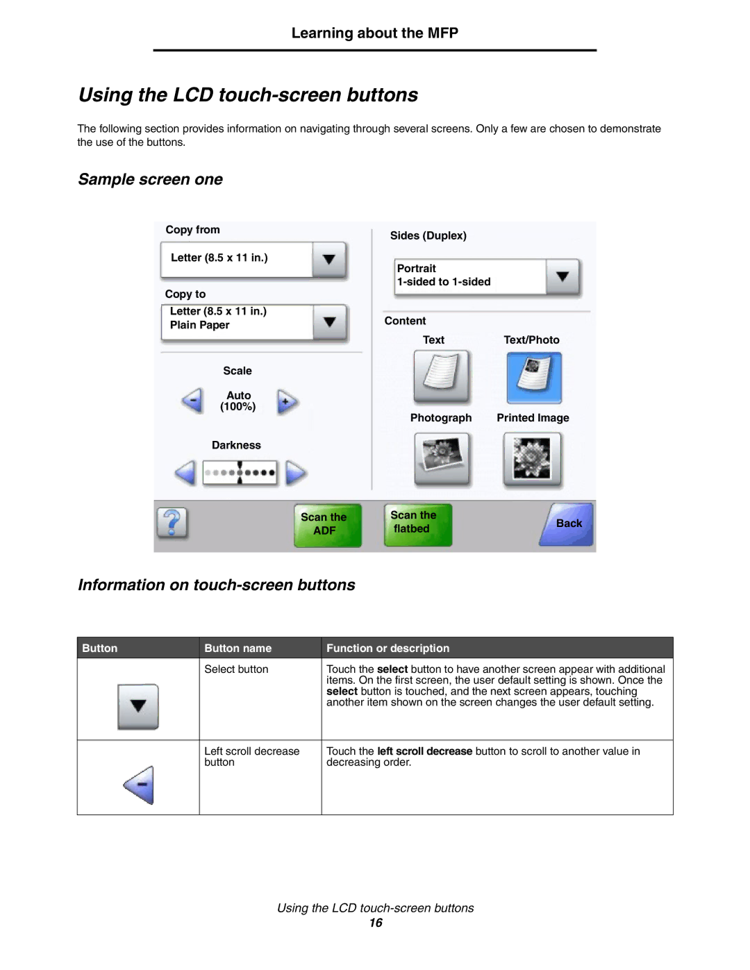 Lexmark X850e, X854e Using the LCD touch-screen buttons, Sample screen one, Information on touch-screen buttons, Flatbed 