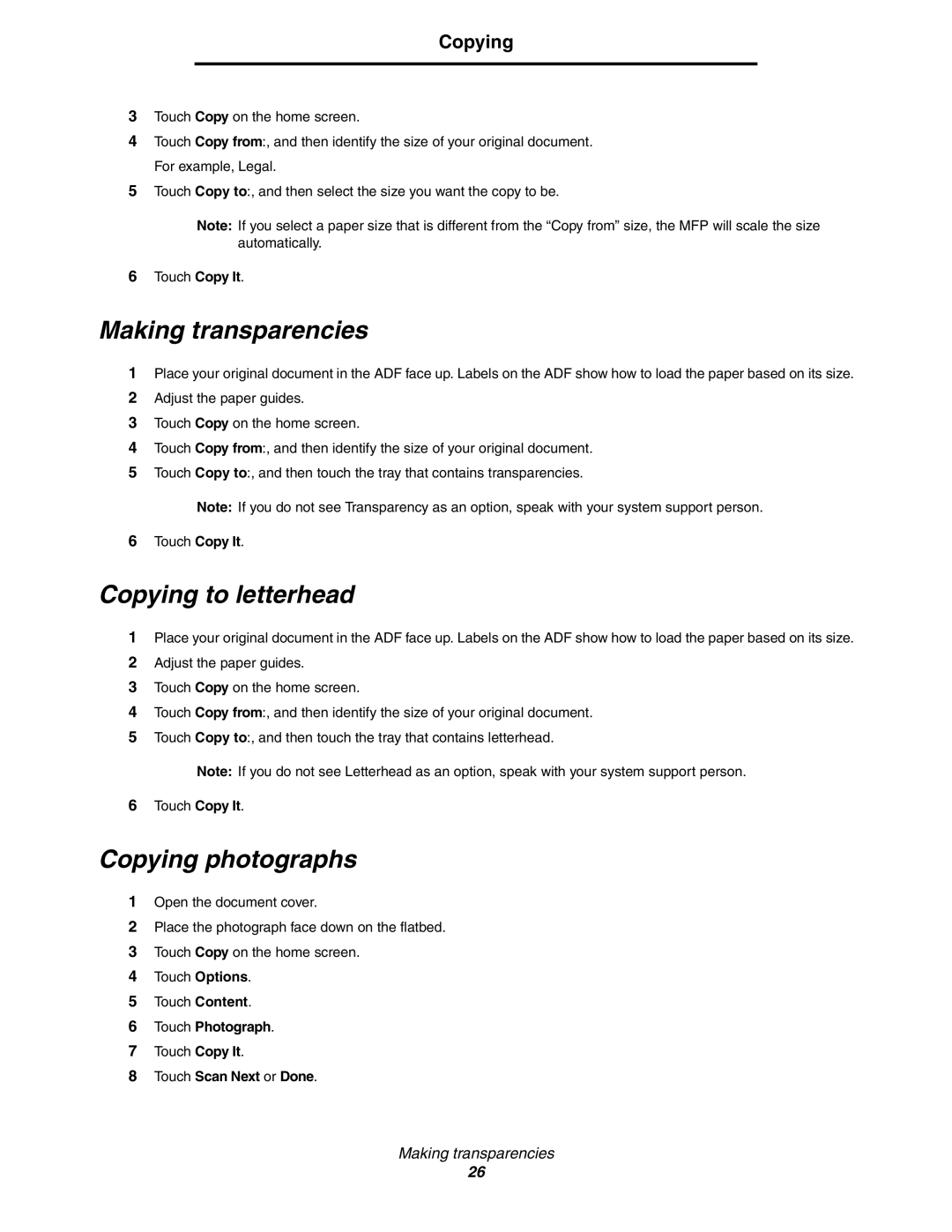 Lexmark X852e Making transparencies, Copying to letterhead, Copying photographs, Touch Photograph, Touch Scan Next or Done 