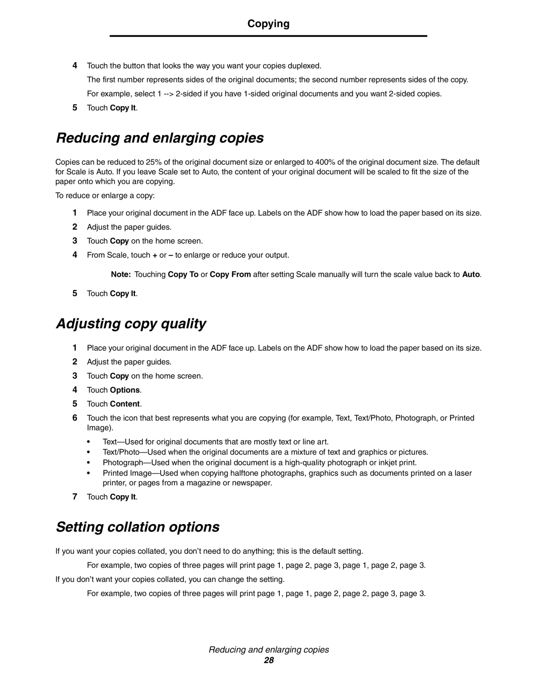 Lexmark X850e, X854e, X852e manual Reducing and enlarging copies, Adjusting copy quality, Setting collation options 