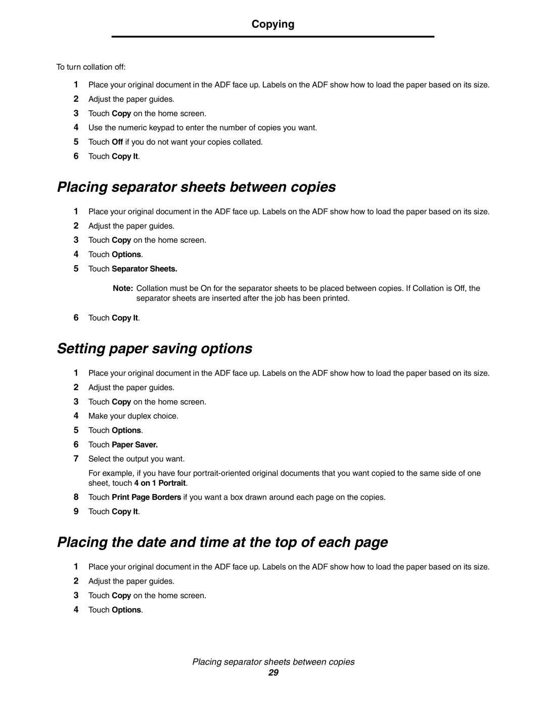 Lexmark X852e, X854e, X850e Placing separator sheets between copies, Setting paper saving options, Touch Separator Sheets 