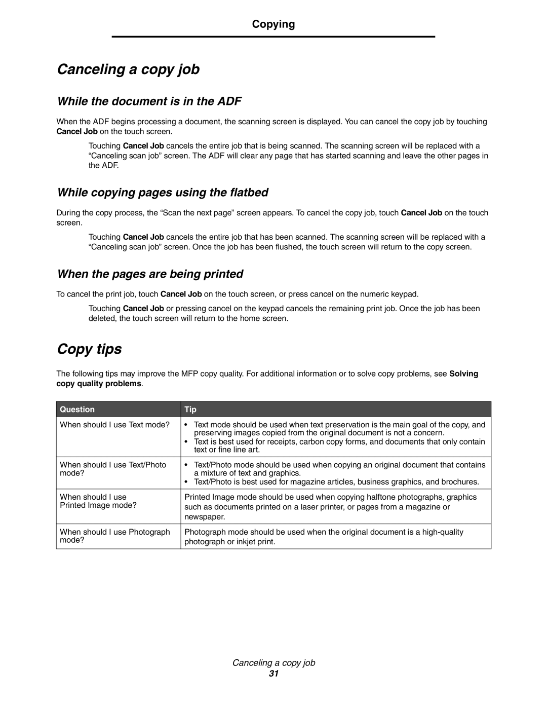 Lexmark X850e Canceling a copy job, Copy tips, While the document is in the ADF, While copying pages using the flatbed 