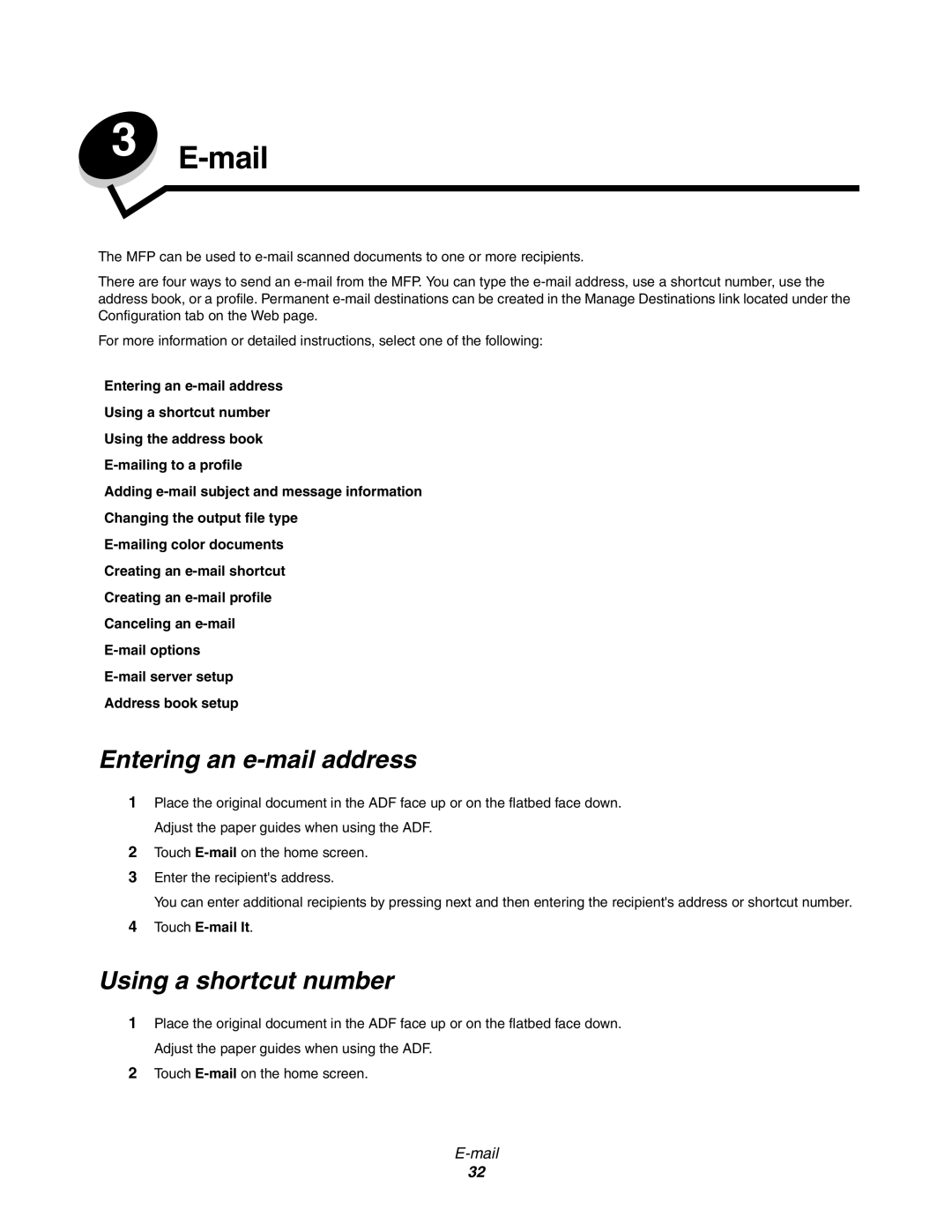 Lexmark X852e, X854e, X850e manual Mail, Entering an e-mail address, Using a shortcut number, Touch E-mail It 