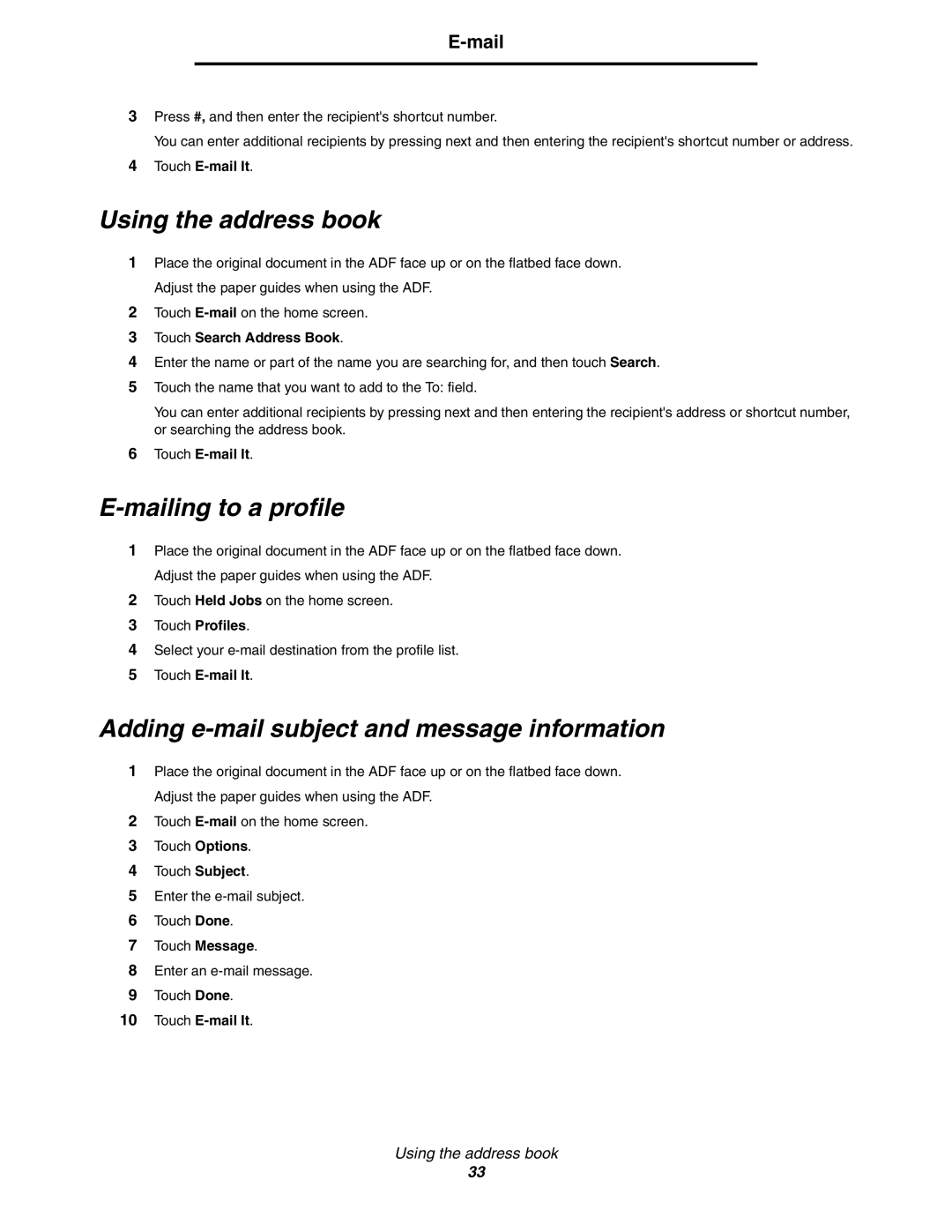 Lexmark X854e, X850e, X852e Using the address book, Mailing to a profile, Adding e-mail subject and message information 