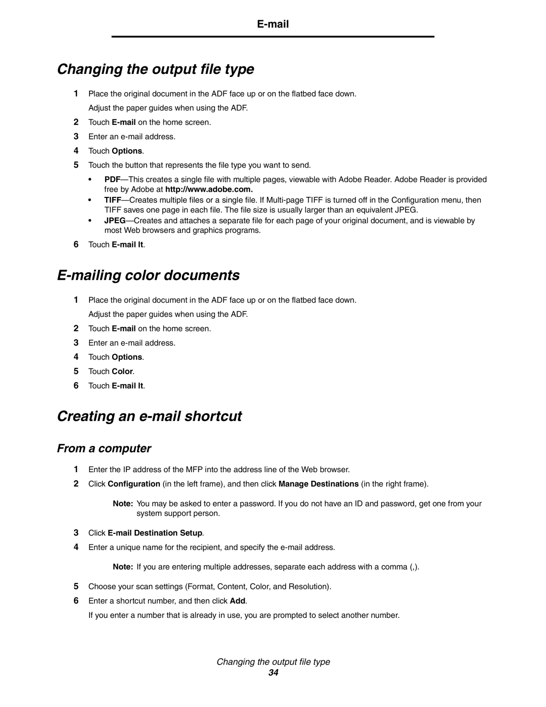 Lexmark X850e, X854e Changing the output file type, Mailing color documents, Creating an e-mail shortcut, From a computer 