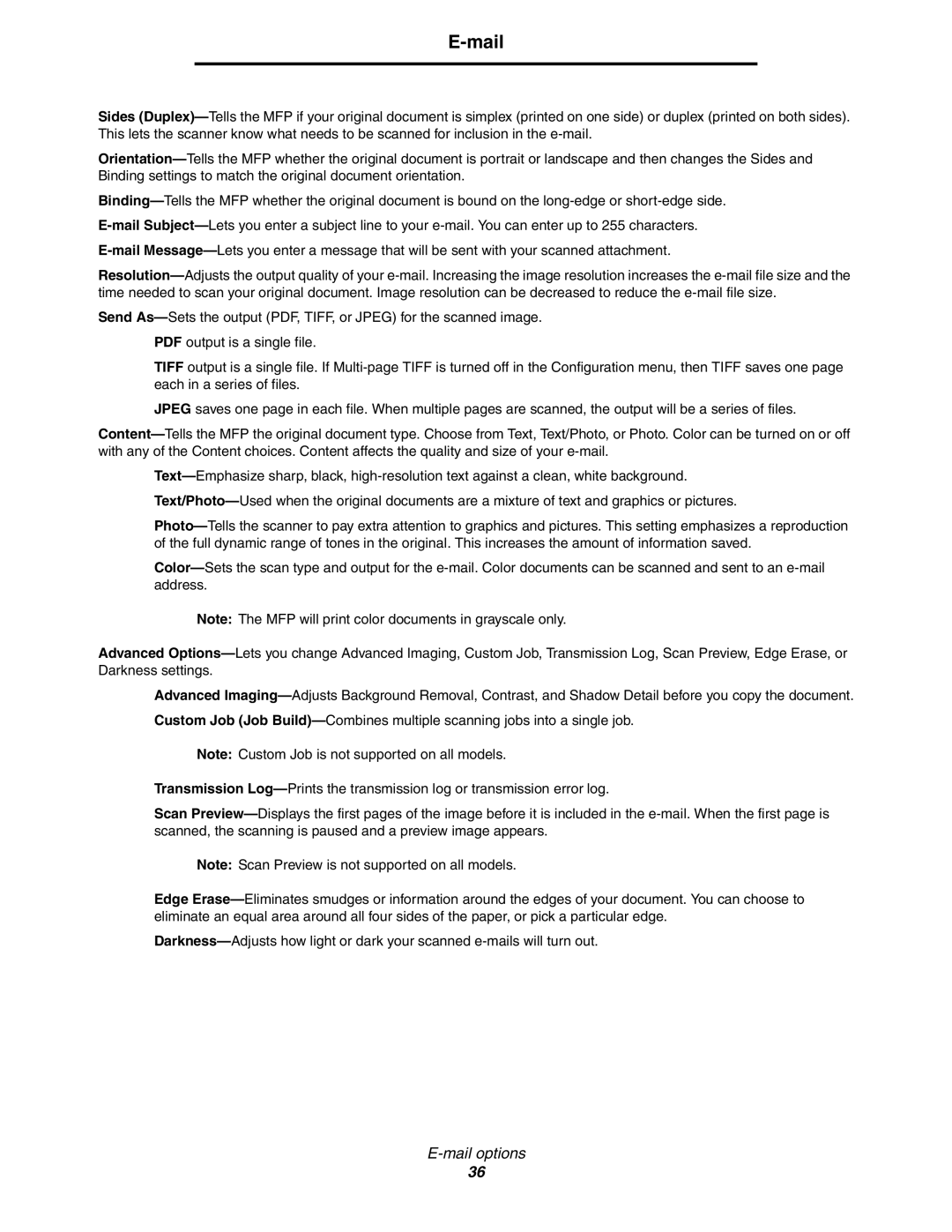 Lexmark X854e, X850e, X852e manual Mail options 