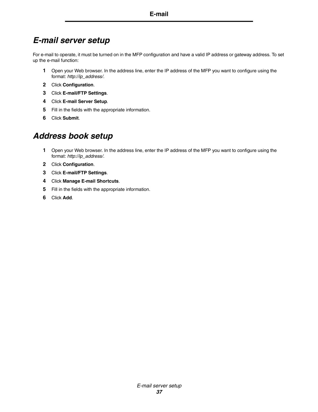 Lexmark X850e, X854e, X852e manual Mail server setup, Address book setup 