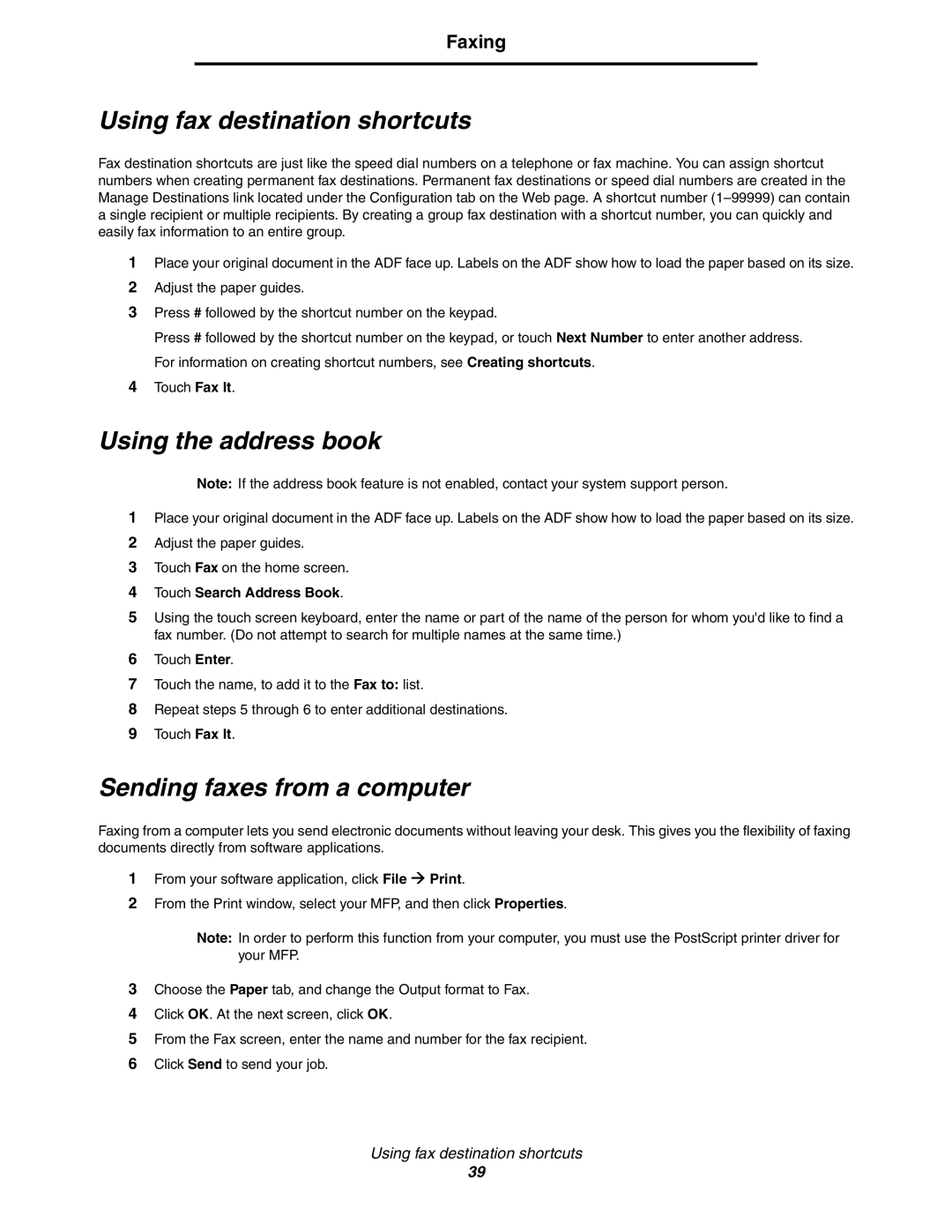 Lexmark X854e, X850e, X852e manual Using fax destination shortcuts, Sending faxes from a computer, Faxing 