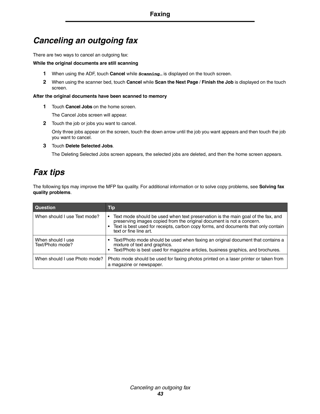 Lexmark X850e, X854e, X852e manual Canceling an outgoing fax, Fax tips 