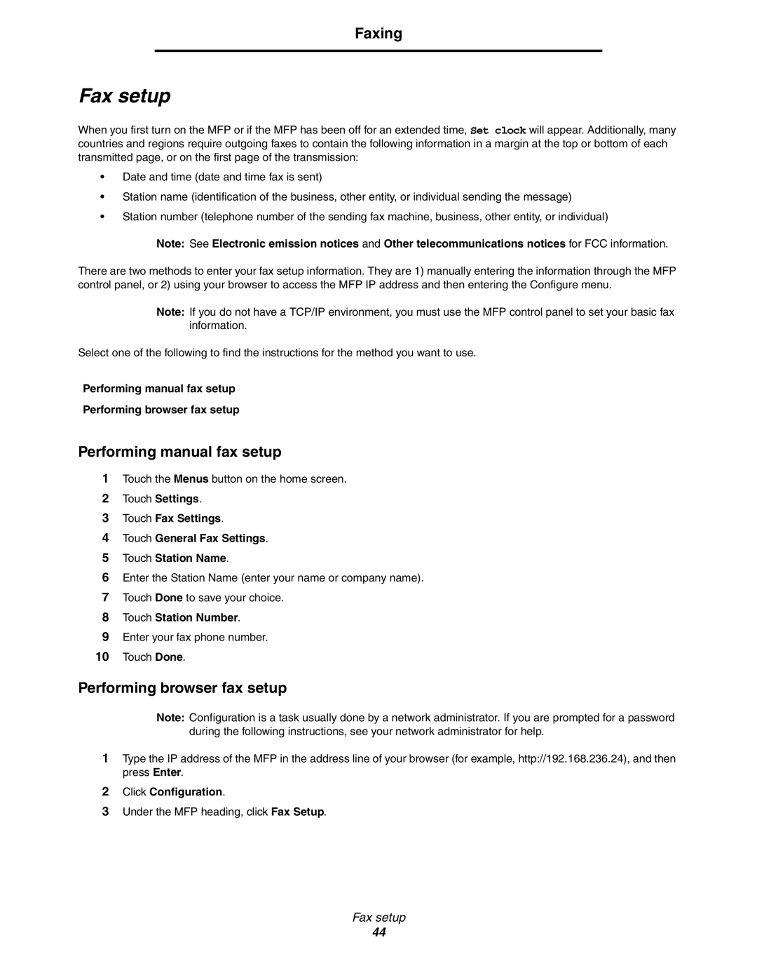 Lexmark X852e, X854e, X850e Fax setup, Performing manual fax setup, Performing browser fax setup 