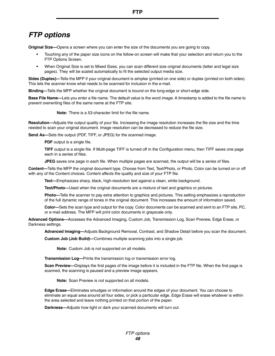 Lexmark X854e, X850e, X852e manual FTP options 