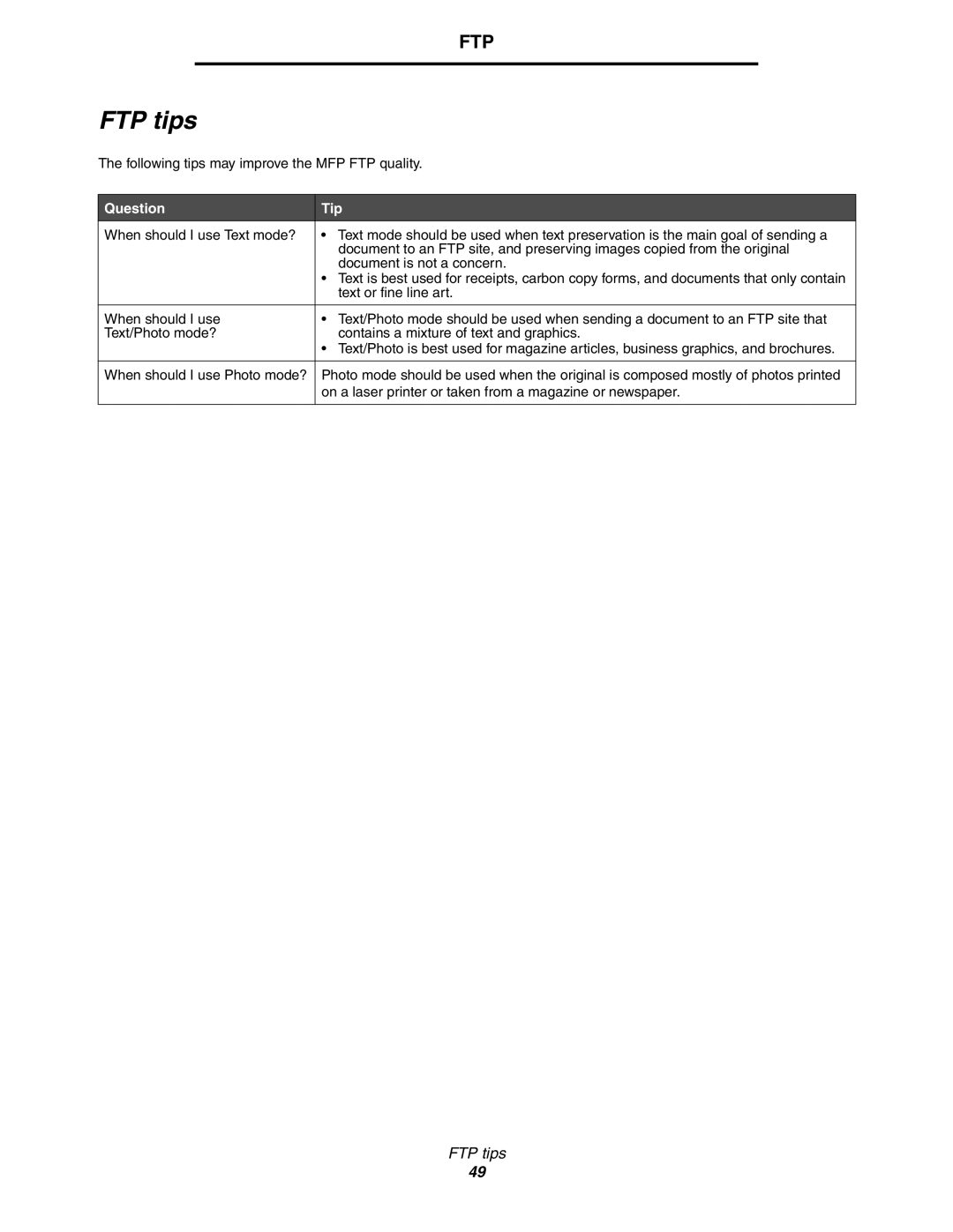 Lexmark X850e, X854e, X852e manual FTP tips, Question Tip 