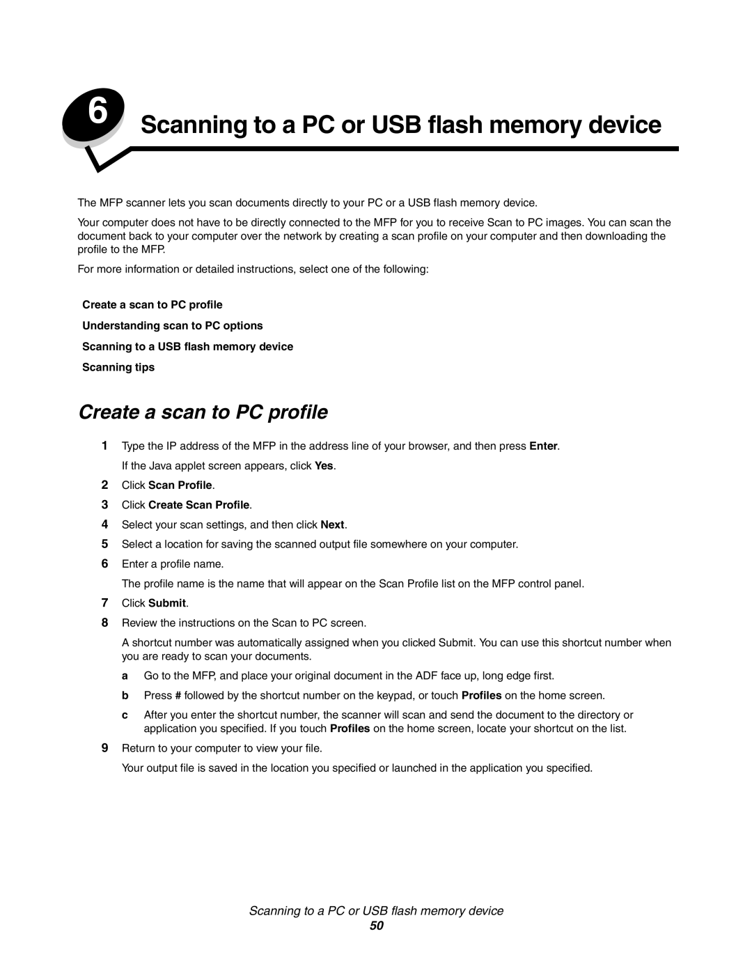 Lexmark X852e, X854e, X850e manual Scanning to a PC or USB flash memory device, Create a scan to PC profile 