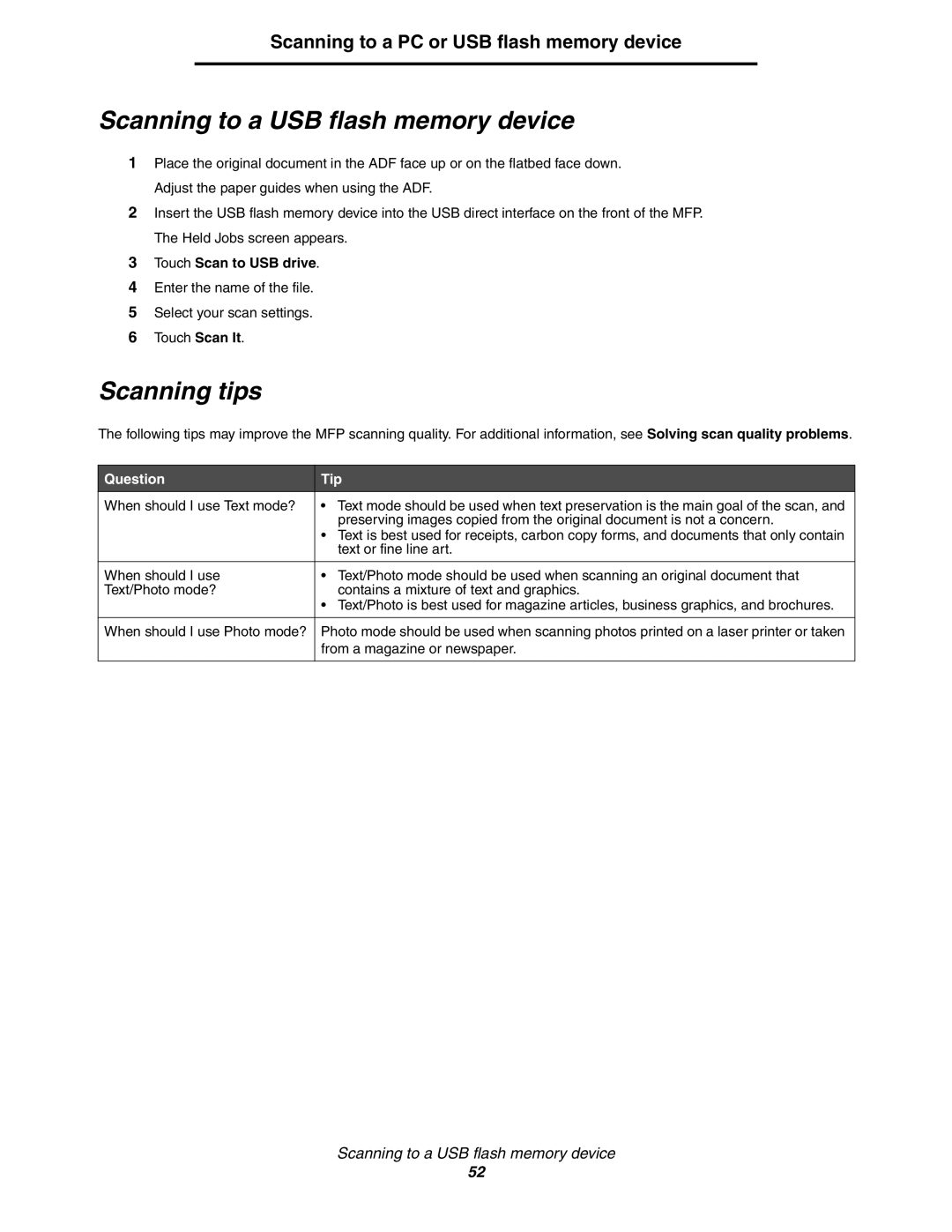 Lexmark X850e, X854e, X852e manual Scanning to a USB flash memory device, Scanning tips, Touch Scan to USB drive 