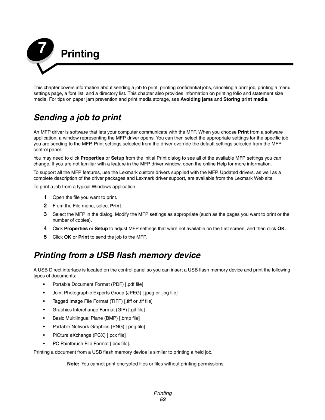 Lexmark X852e, X854e, X850e manual Sending a job to print, Printing from a USB flash memory device 